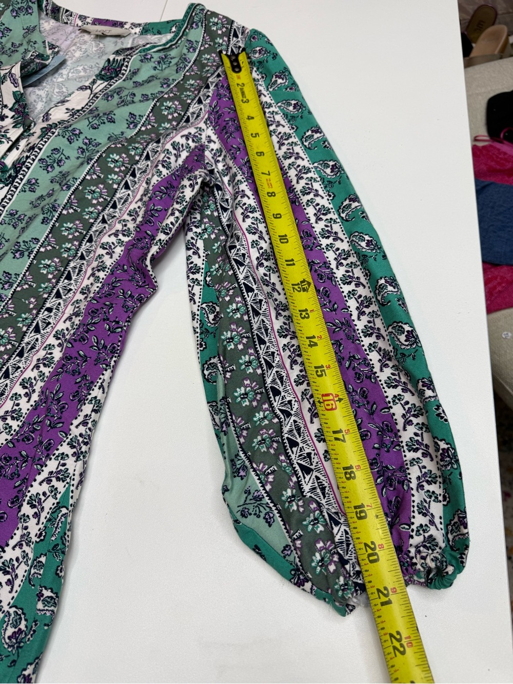 LOFT purple and green vertical-striped floral boho tunic dress size 12P - Picture 7 of 9